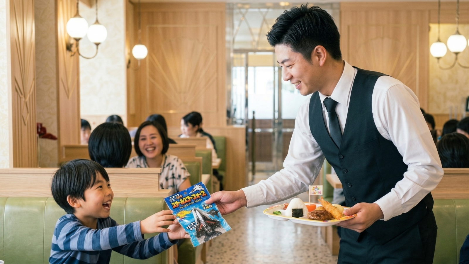 店員が子どもにおもちゃを渡す様子